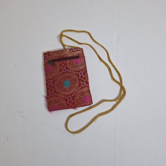 crossbody bag Handbags - Red & Gold Brocade Crossbody Pouch With Zip Closure & Long Braided Strap